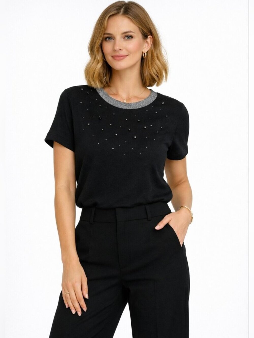 Vero Moda Knit Black Embellished Metallic Trim Short Sleeve Top M